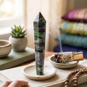 Natural Ruby in Zoisite Crystal Wand Point Large Anyolite Obelisk for Healing